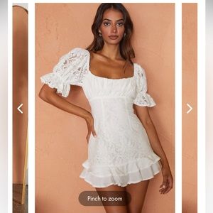 GEORGIA PEACH PUFF SLEEVE DOUBLE FRILL HEM LACE DRESS WHITE - Selfie Leslie